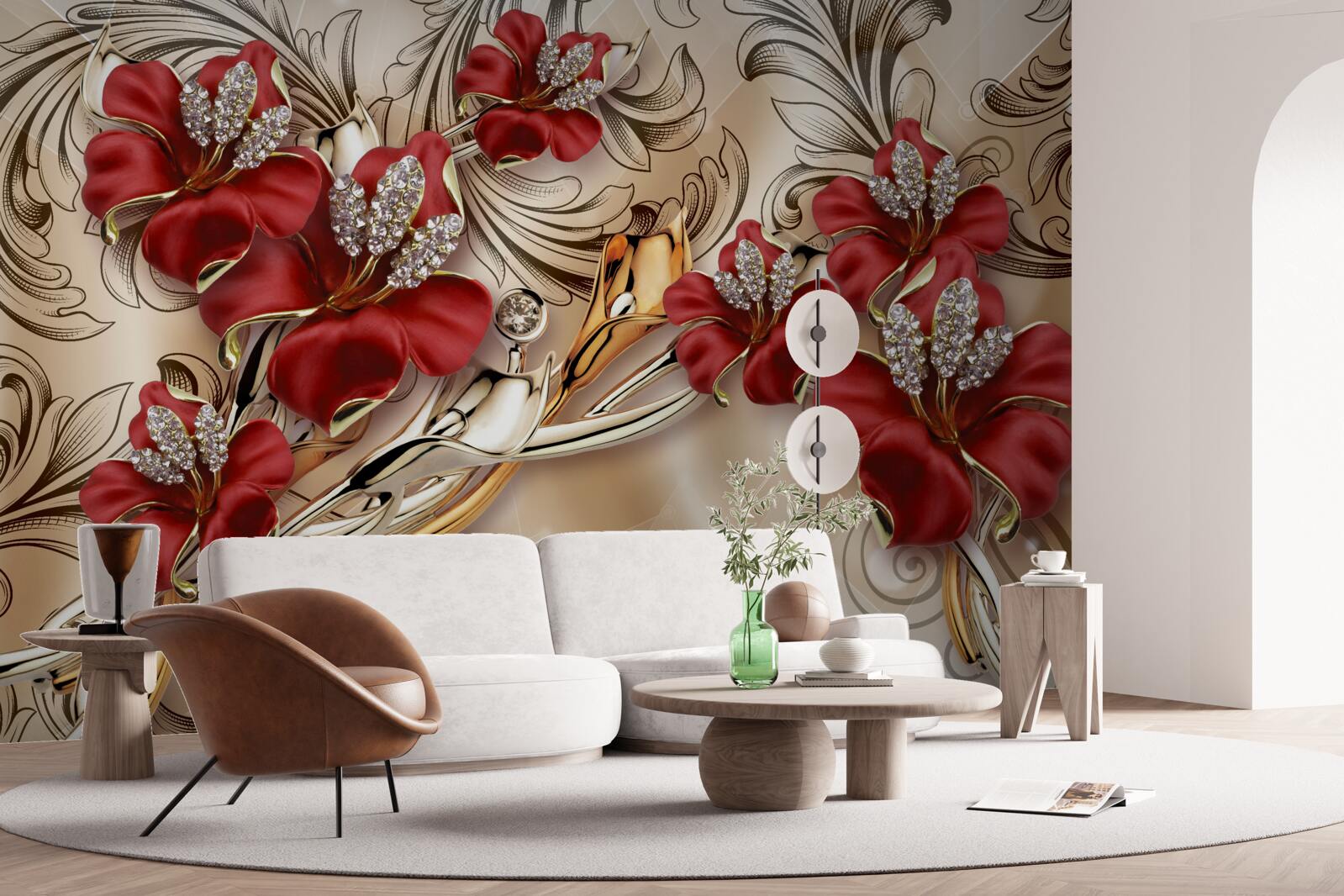 Фотошпалери золоті прикраси з червоними бутонами