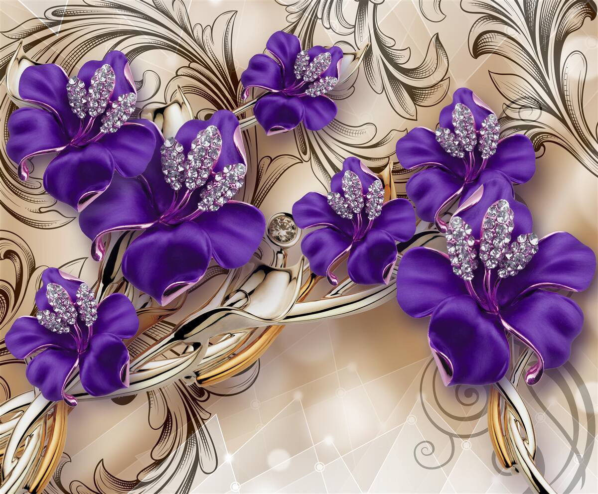 Фотошпалери дорогоцінні камені та метали, прикрашені фіолетовими квітами
