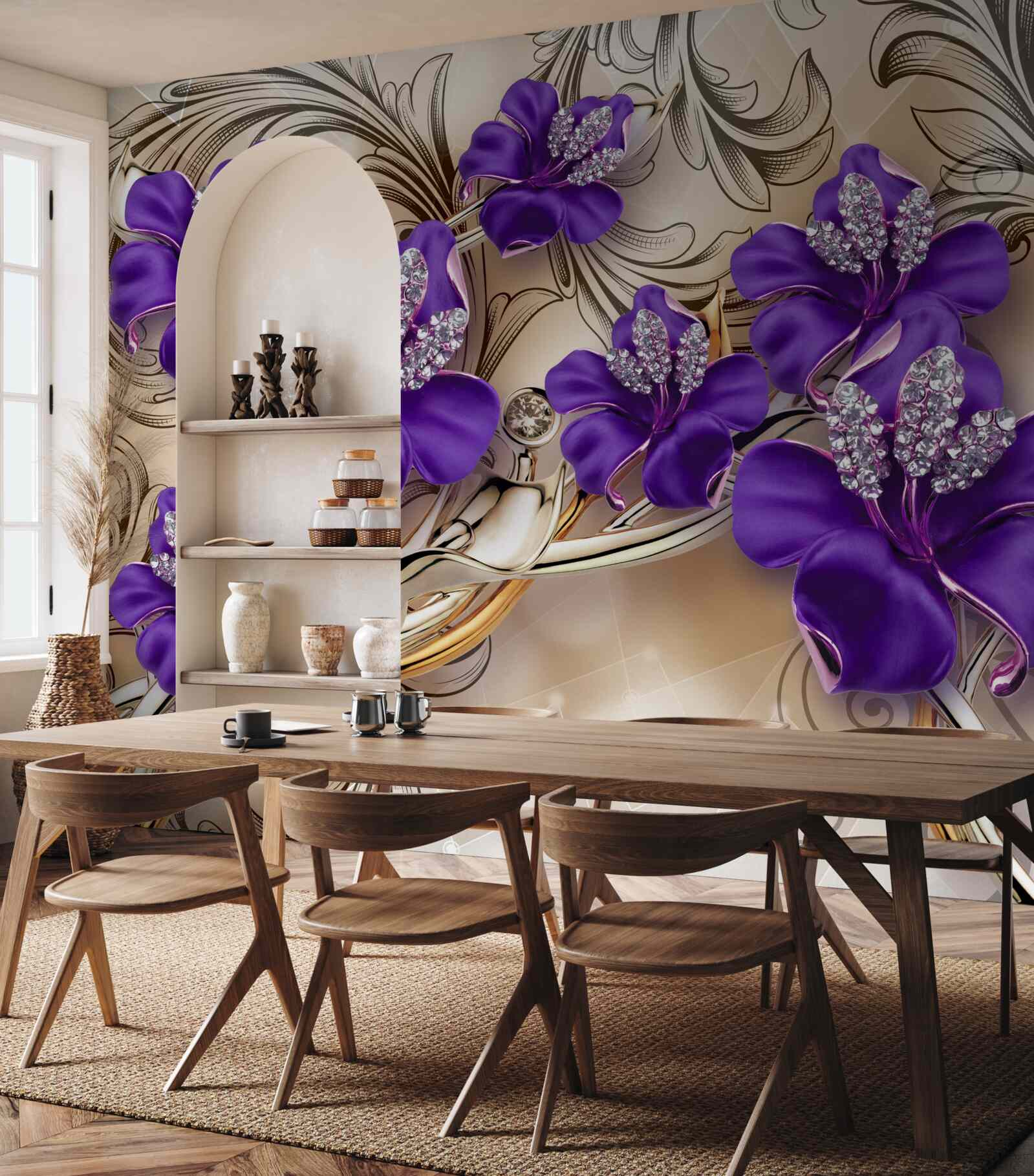 Фотошпалери дорогоцінні камені та метали, прикрашені фіолетовими квітами