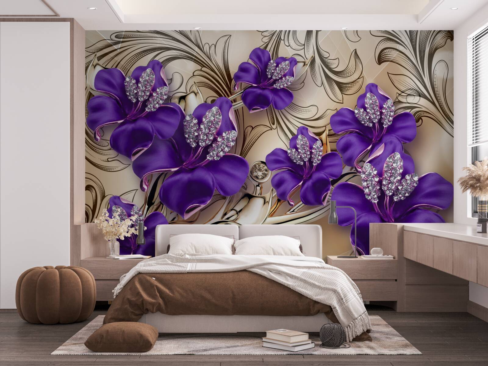 Фотошпалери дорогоцінні камені та метали, прикрашені фіолетовими квітами