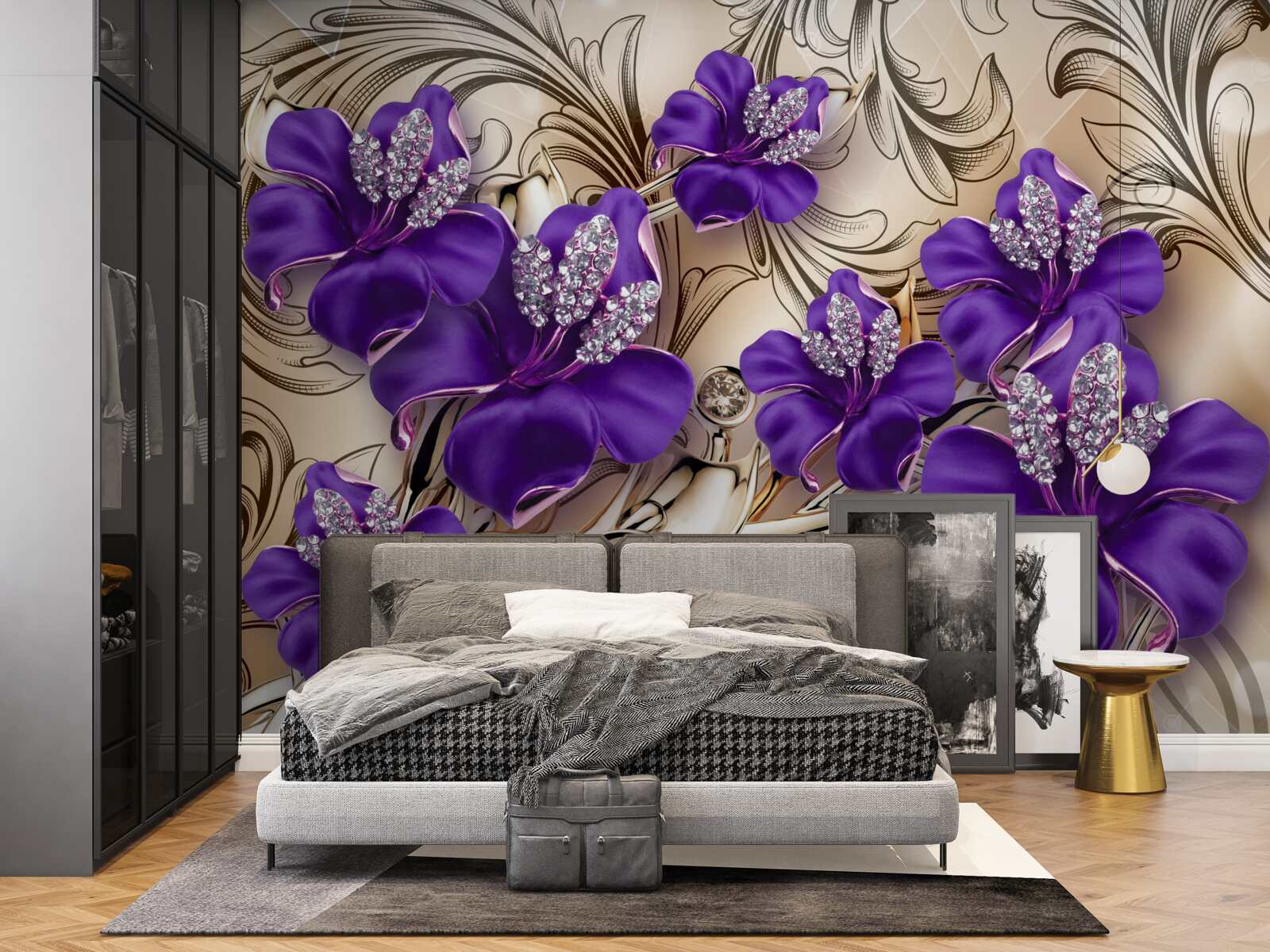 Фотошпалери дорогоцінні камені та метали, прикрашені фіолетовими квітами