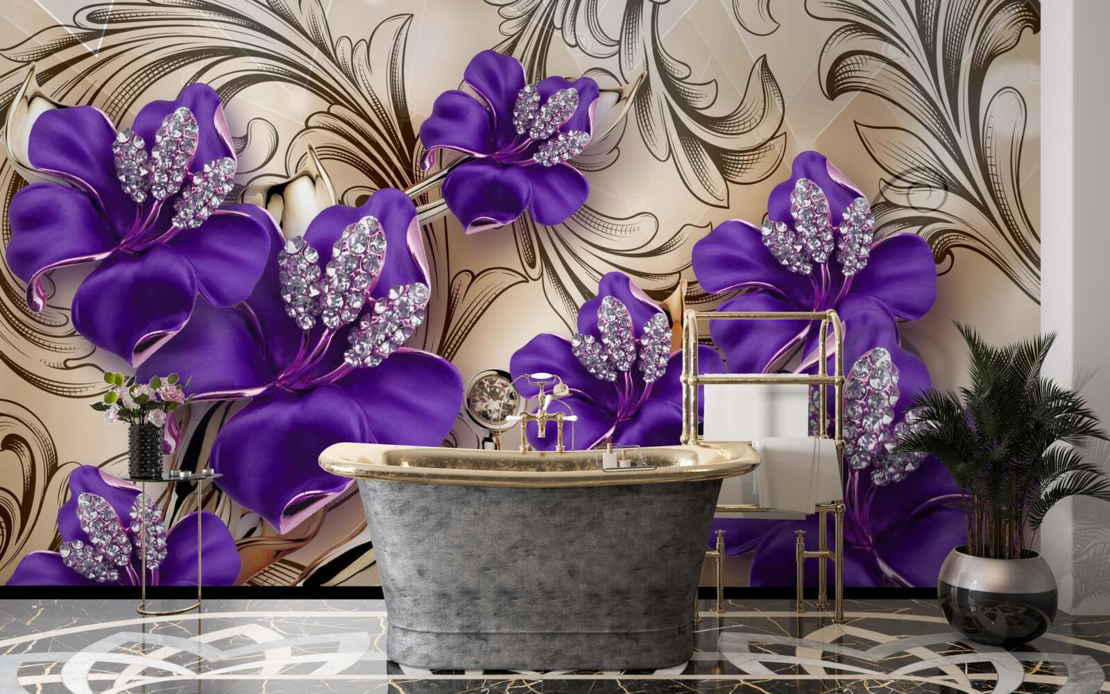 Фотошпалери дорогоцінні камені та метали, прикрашені фіолетовими квітами