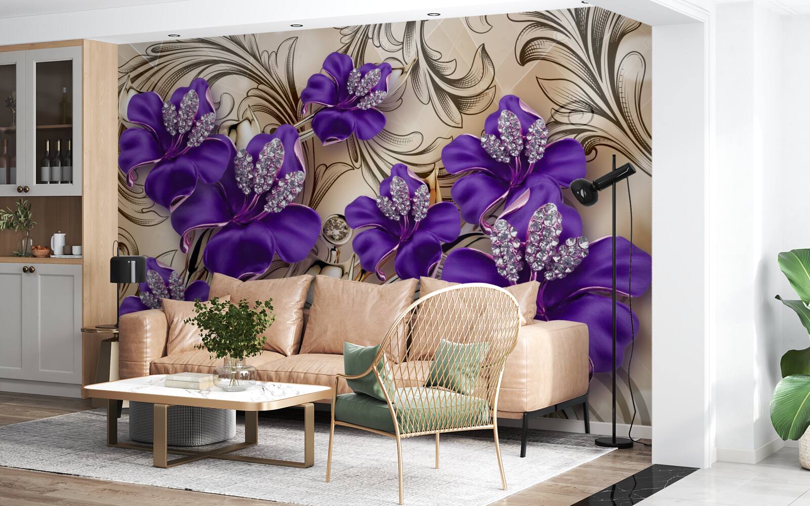 Фотошпалери дорогоцінні камені та метали, прикрашені фіолетовими квітами