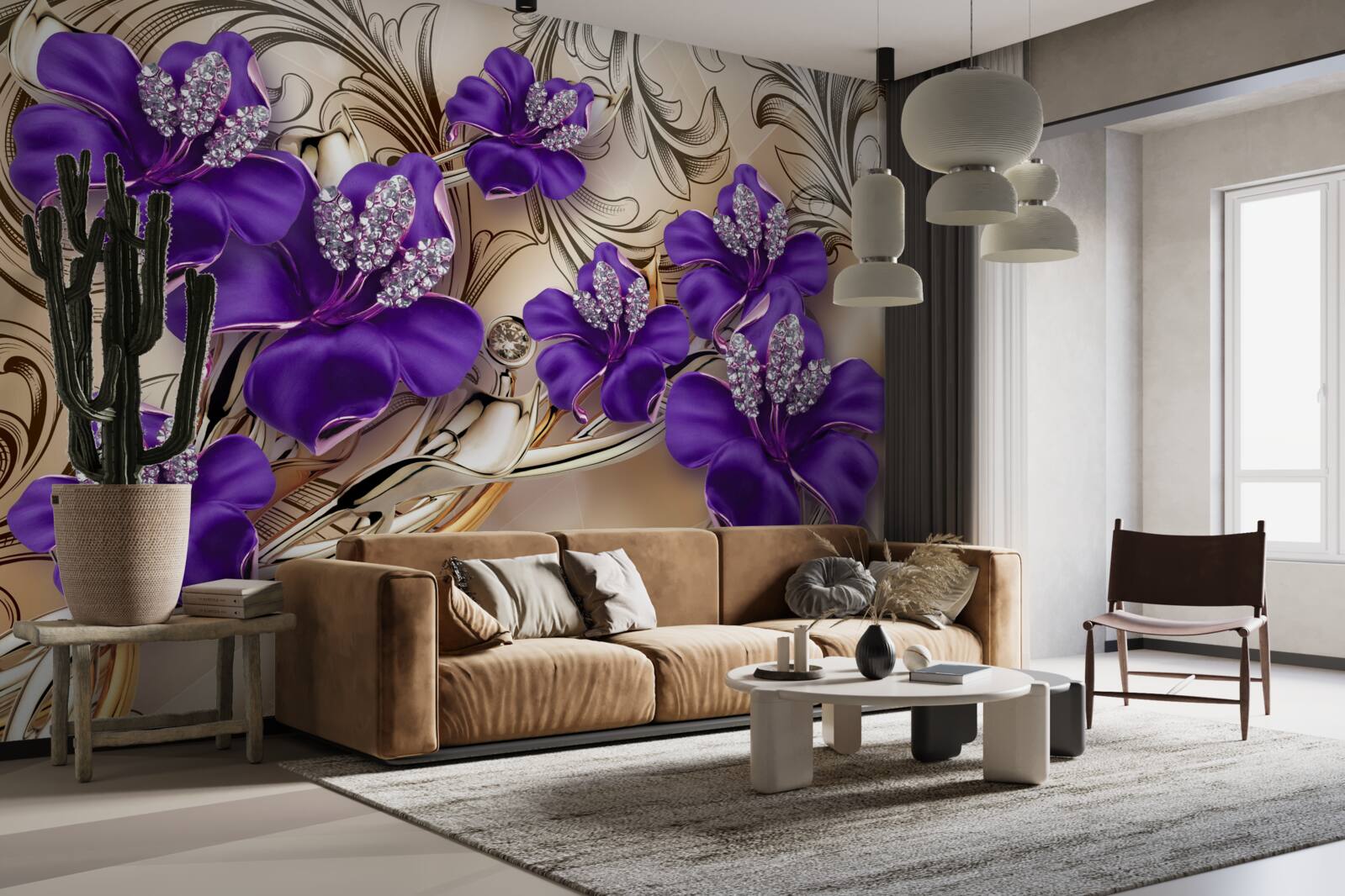 Фотошпалери дорогоцінні камені та метали, прикрашені фіолетовими квітами