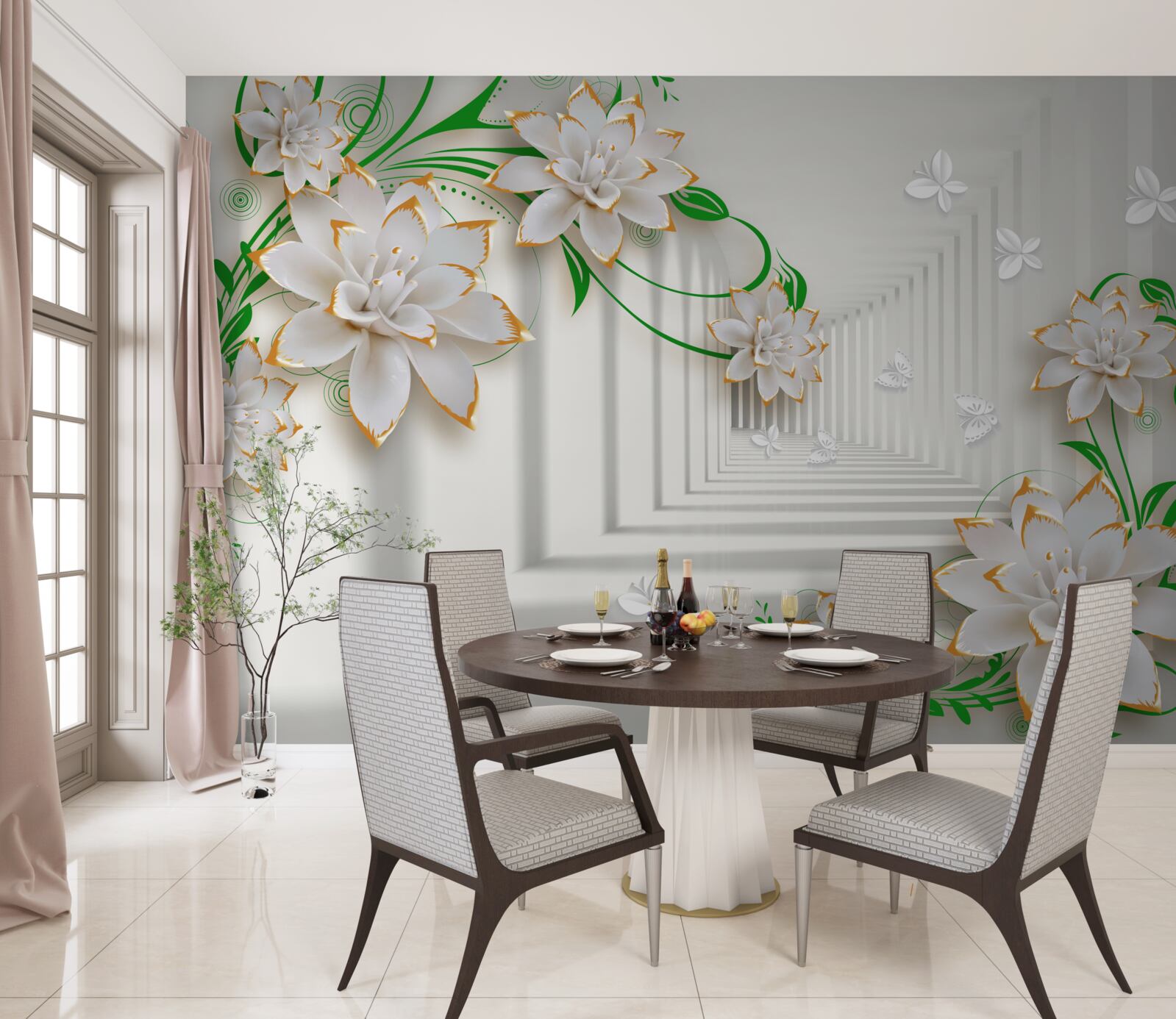 Фотошпалери абстрактний тунель, прикрашений зеленим листям і білим лотосом