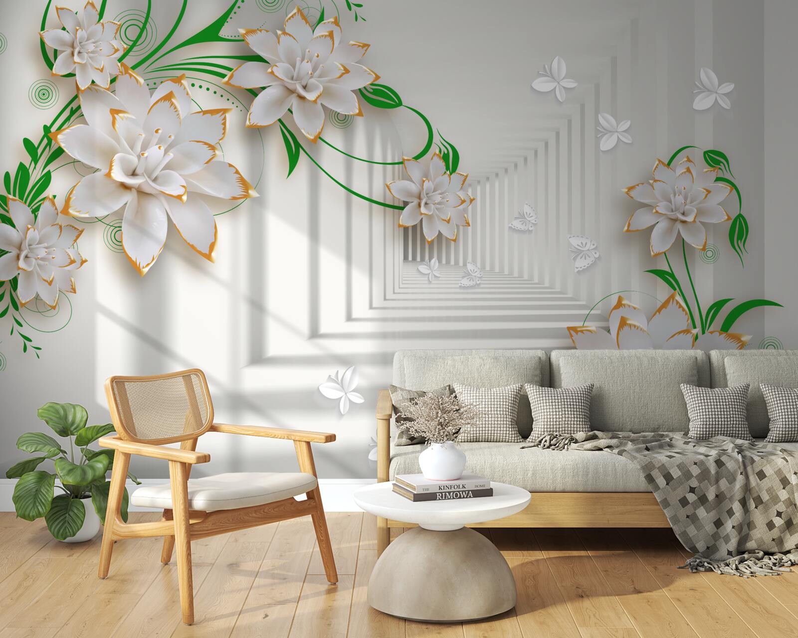 Фотошпалери абстрактний тунель, прикрашений зеленим листям і білим лотосом