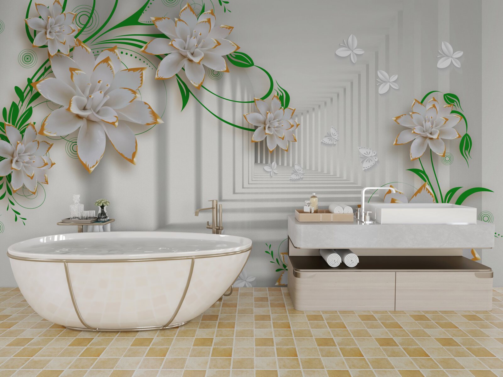 Фотошпалери абстрактний тунель, прикрашений зеленим листям і білим лотосом