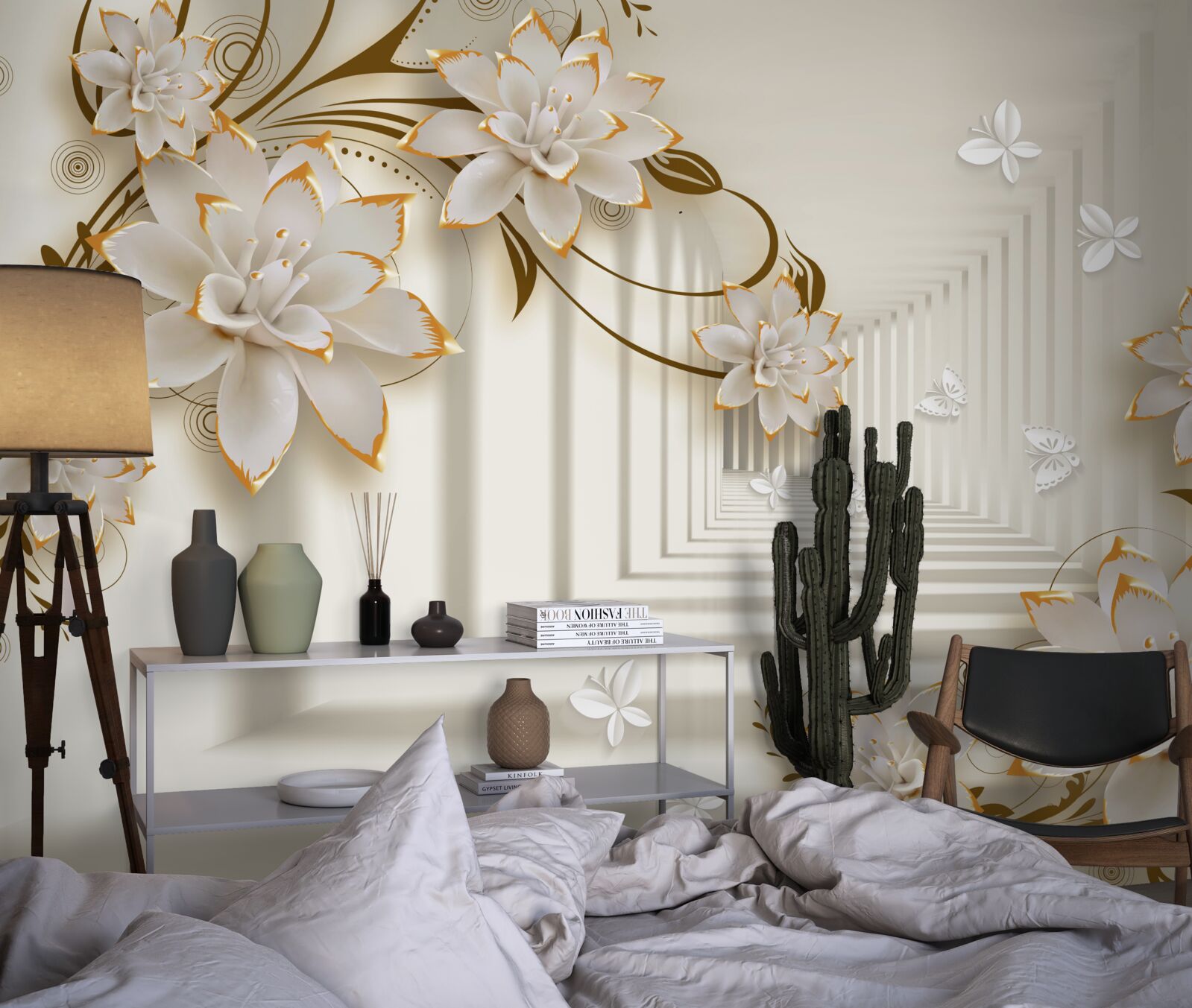 Фотошпалери колонада в білосніжному кольорі і квіткові гілки, виставлені у всій красі