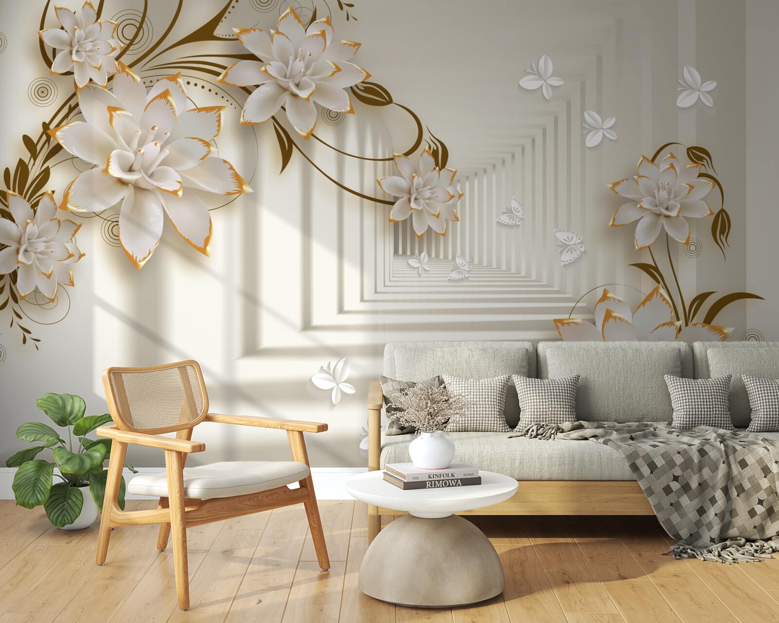 Фотошпалери колонада в білосніжному кольорі і квіткові гілки, виставлені у всій красі