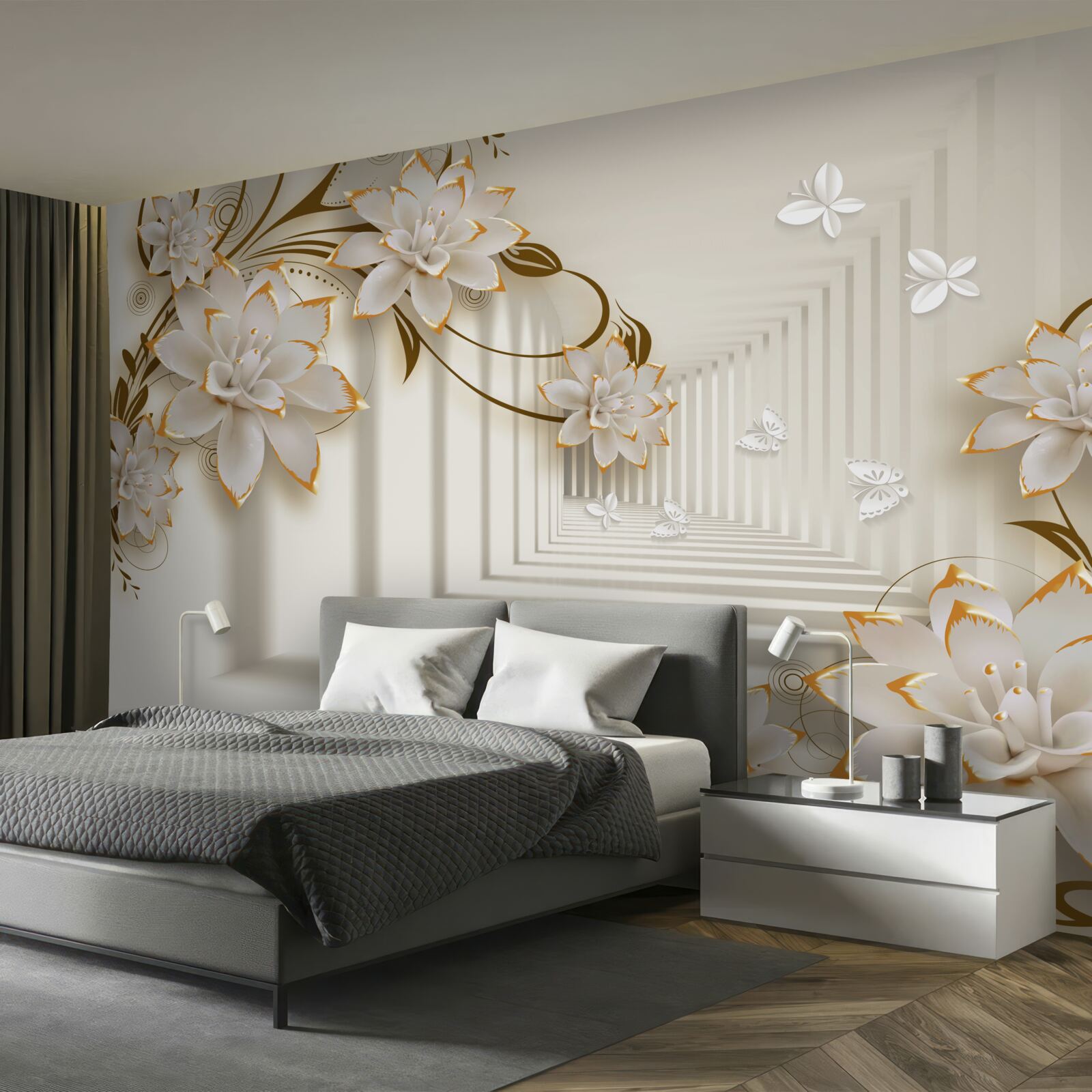 Фотошпалери колонада в білосніжному кольорі і квіткові гілки, виставлені у всій красі