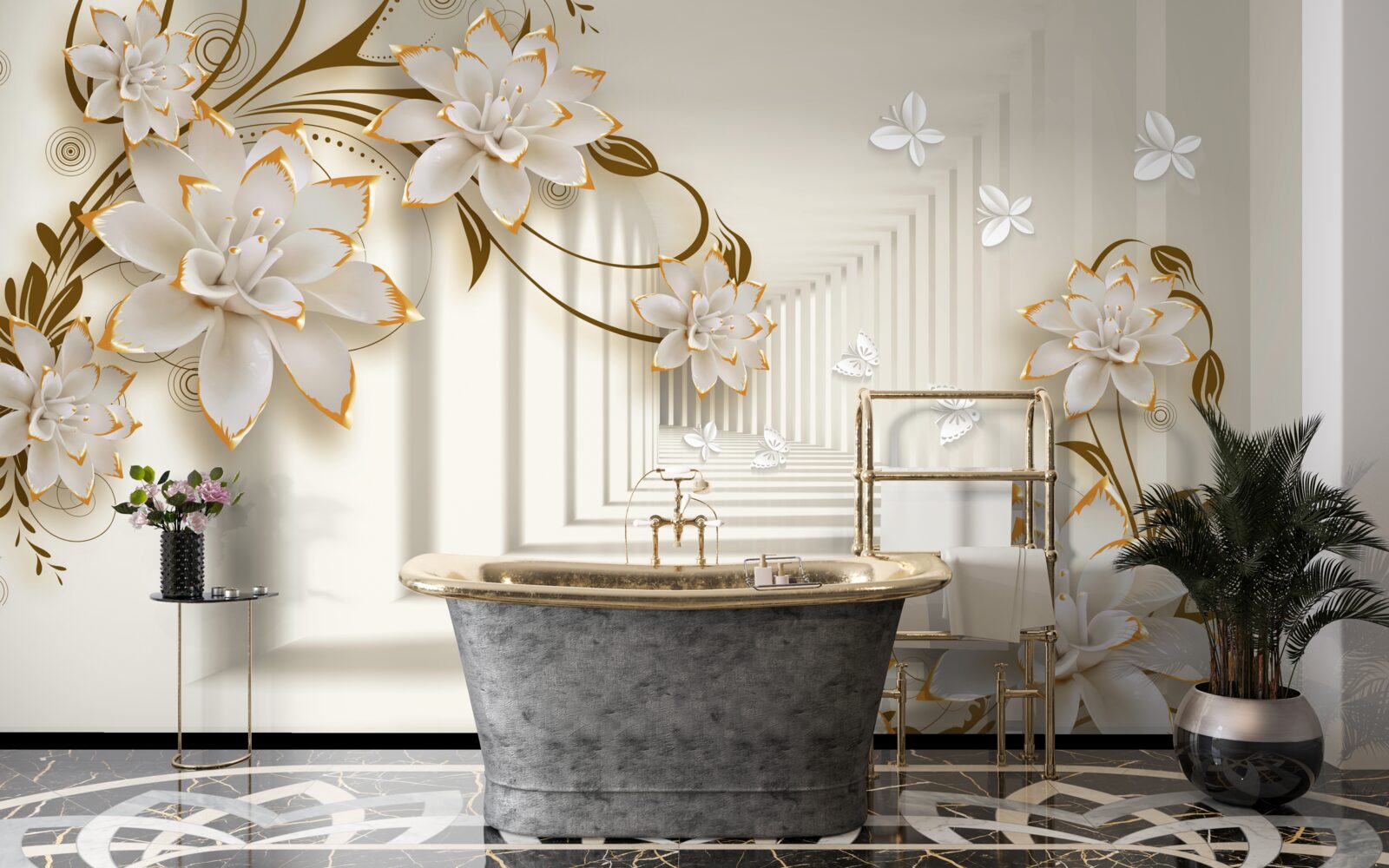 Фотошпалери колонада в білосніжному кольорі і квіткові гілки, виставлені у всій красі