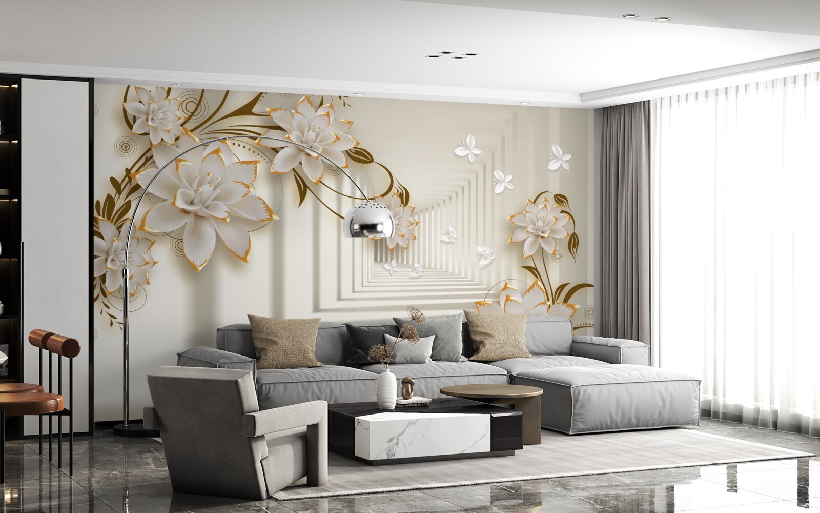 Фотошпалери колонада в білосніжному кольорі і квіткові гілки, виставлені у всій красі