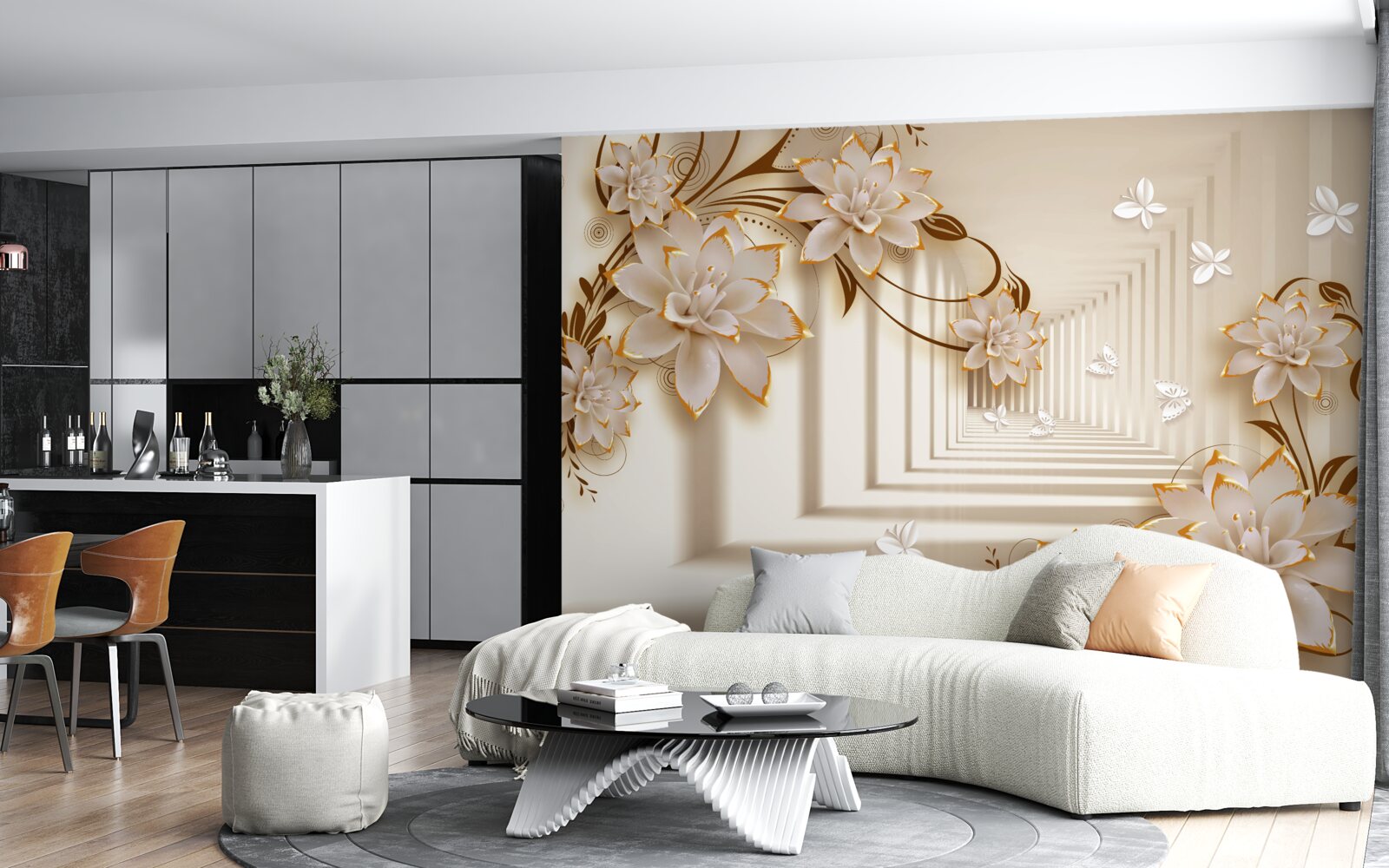 Фотошпалери колони та квіти створюють нереальний тунель