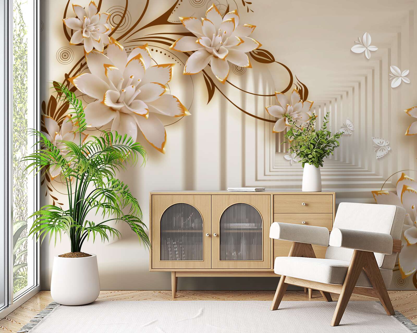 Фотошпалери колони та квіти створюють нереальний тунель