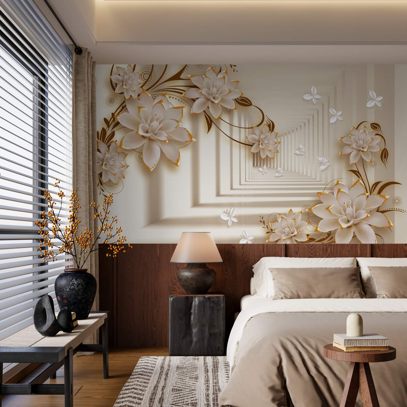 Фотошпалери колони та квіти створюють нереальний тунель