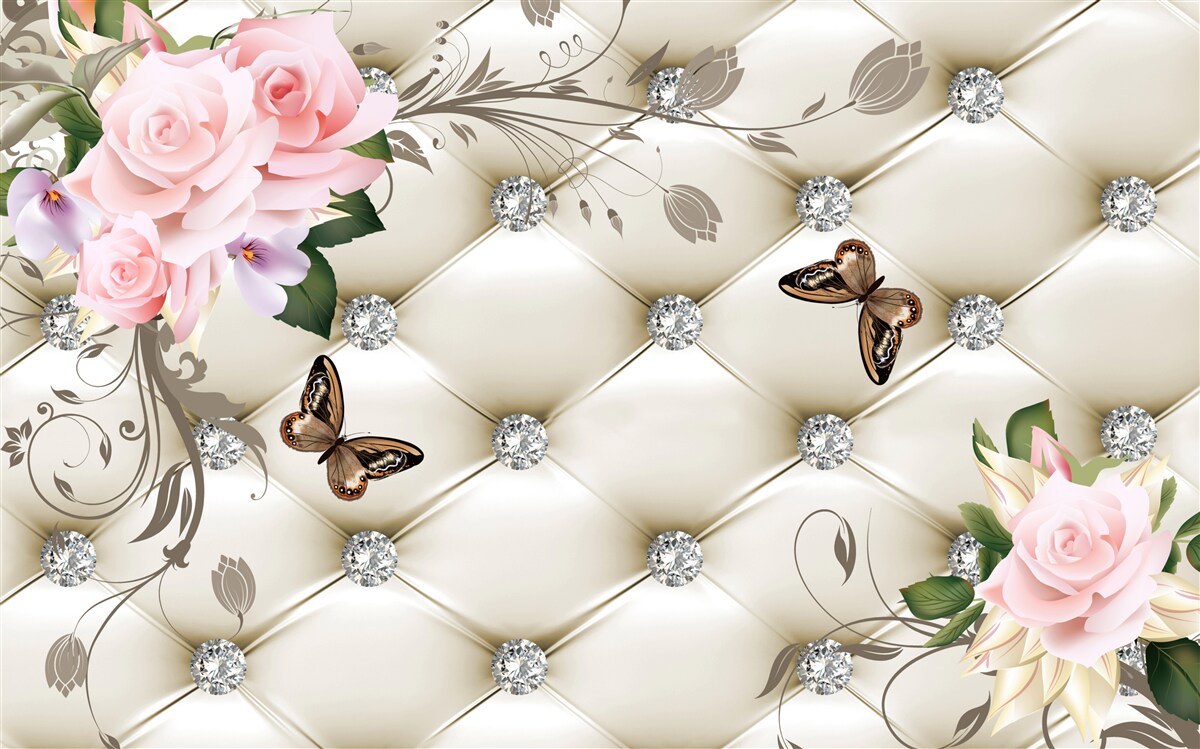 Фотошпалери тканинний декор над трояндами у відтінках рожевого з метеликами, що ширяють над ними