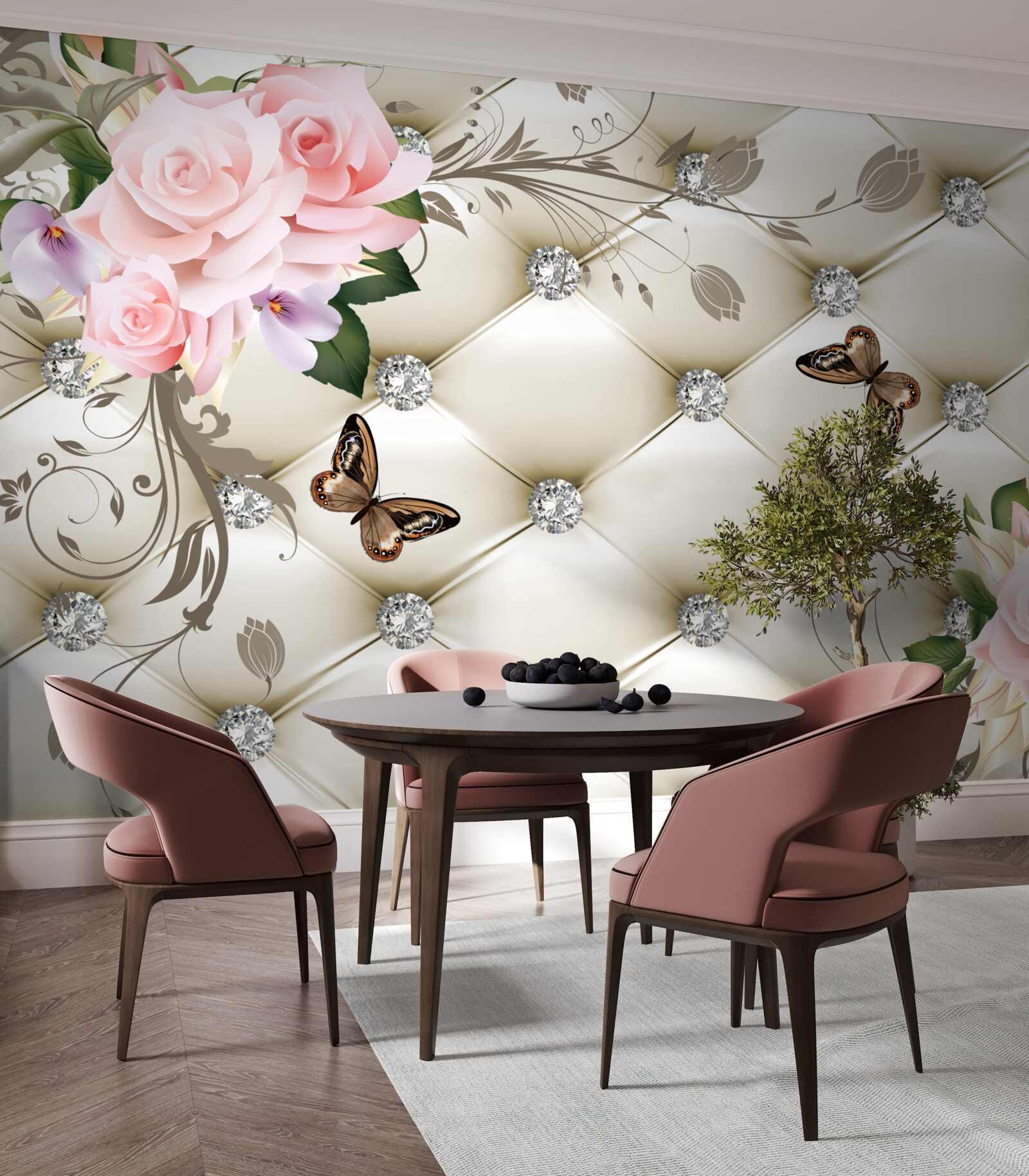 Фотошпалери тканинний декор над трояндами у відтінках рожевого з метеликами, що ширяють над ними