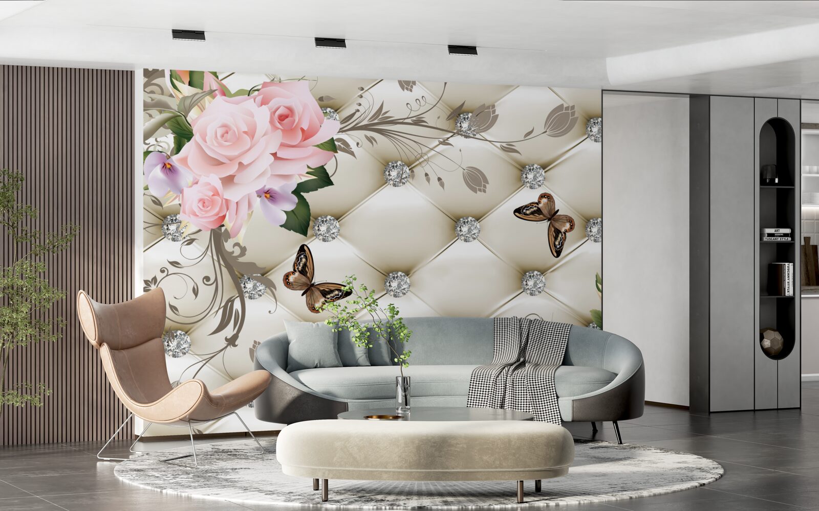 Фотошпалери тканинний декор над трояндами у відтінках рожевого з метеликами, що ширяють над ними