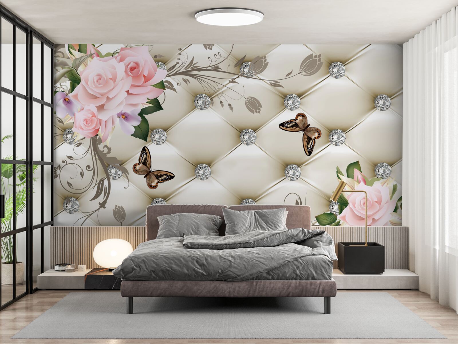 Фотошпалери тканинний декор над трояндами у відтінках рожевого з метеликами, що ширяють над ними