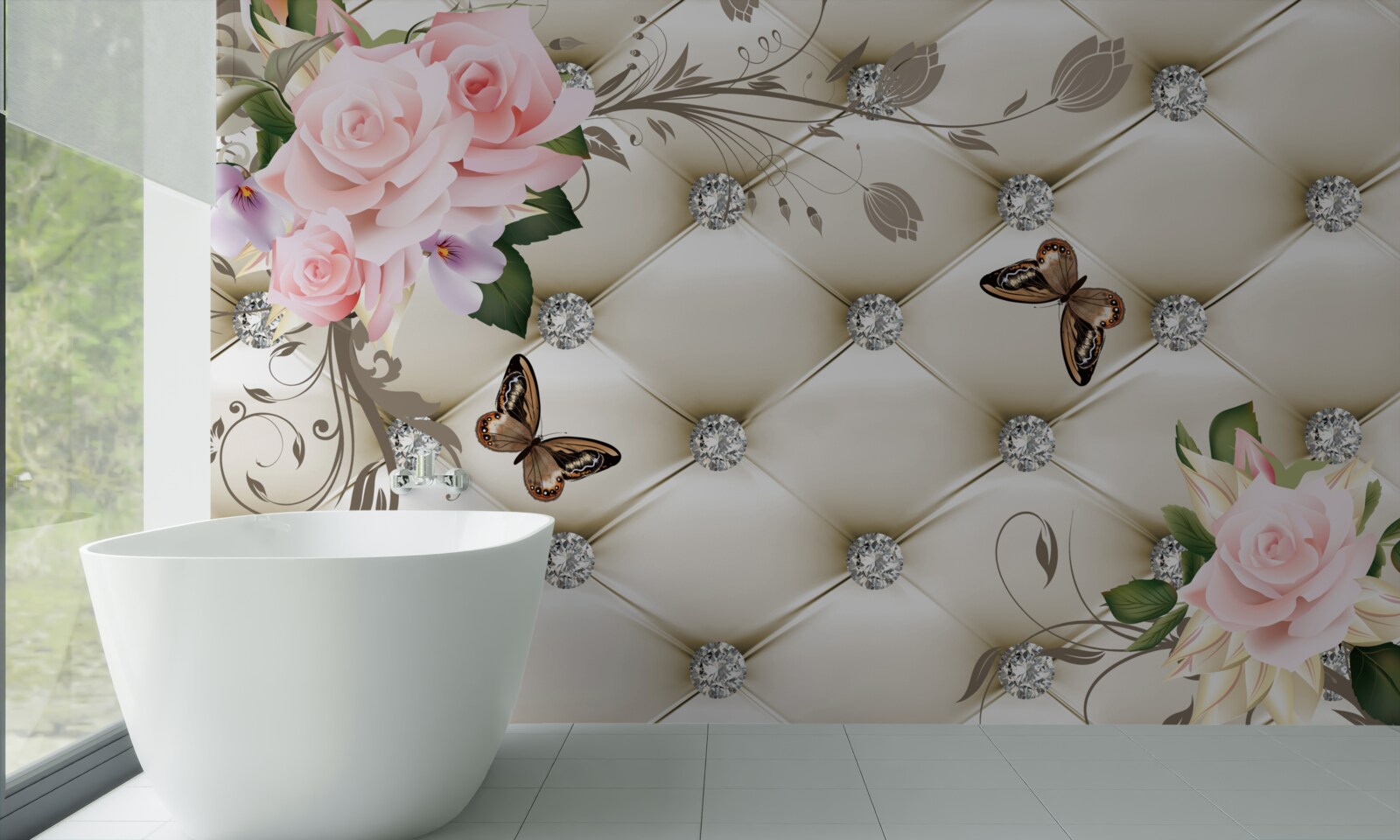 Фотошпалери тканинний декор над трояндами у відтінках рожевого з метеликами, що ширяють над ними