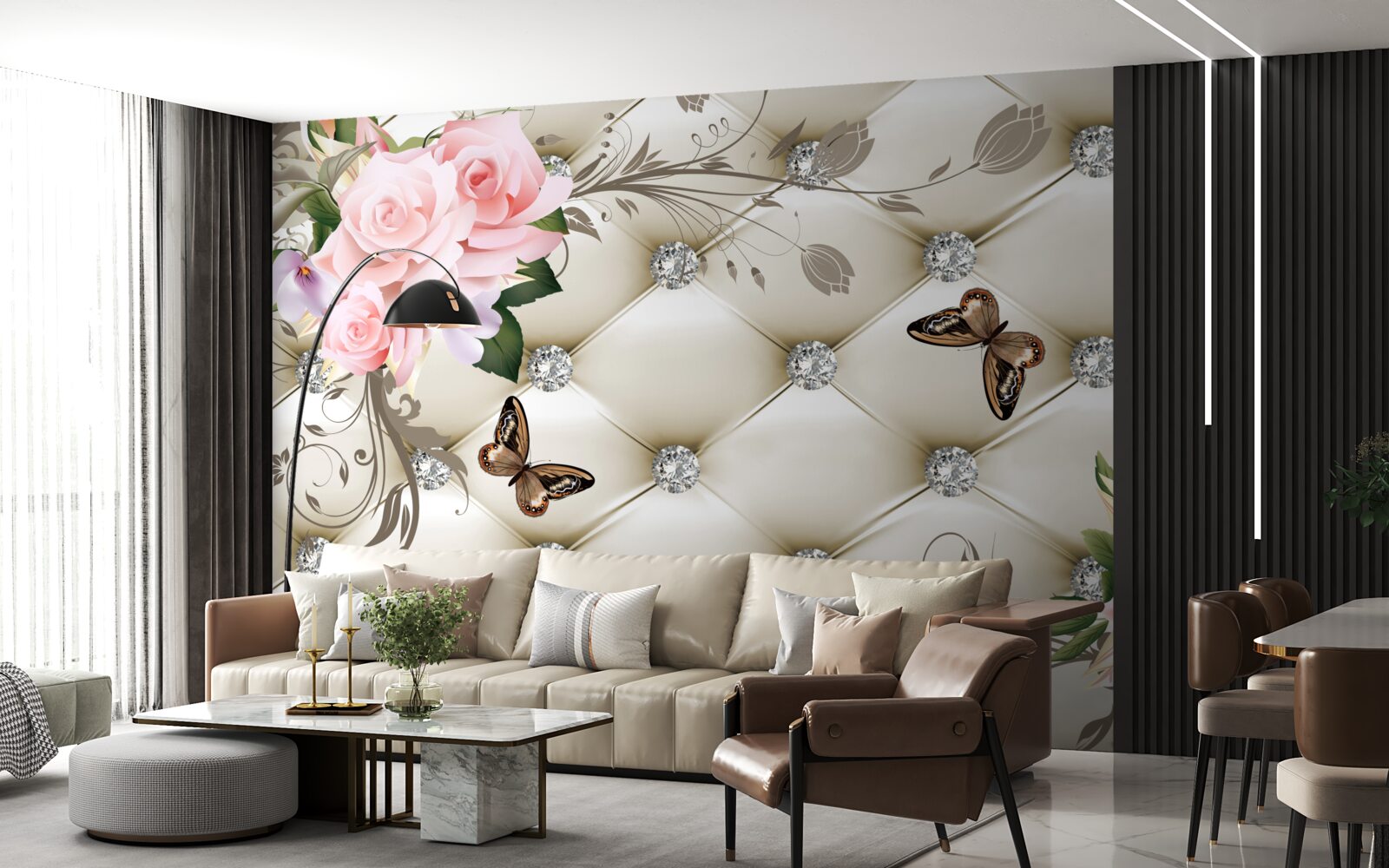 Фотошпалери тканинний декор над трояндами у відтінках рожевого з метеликами, що ширяють над ними