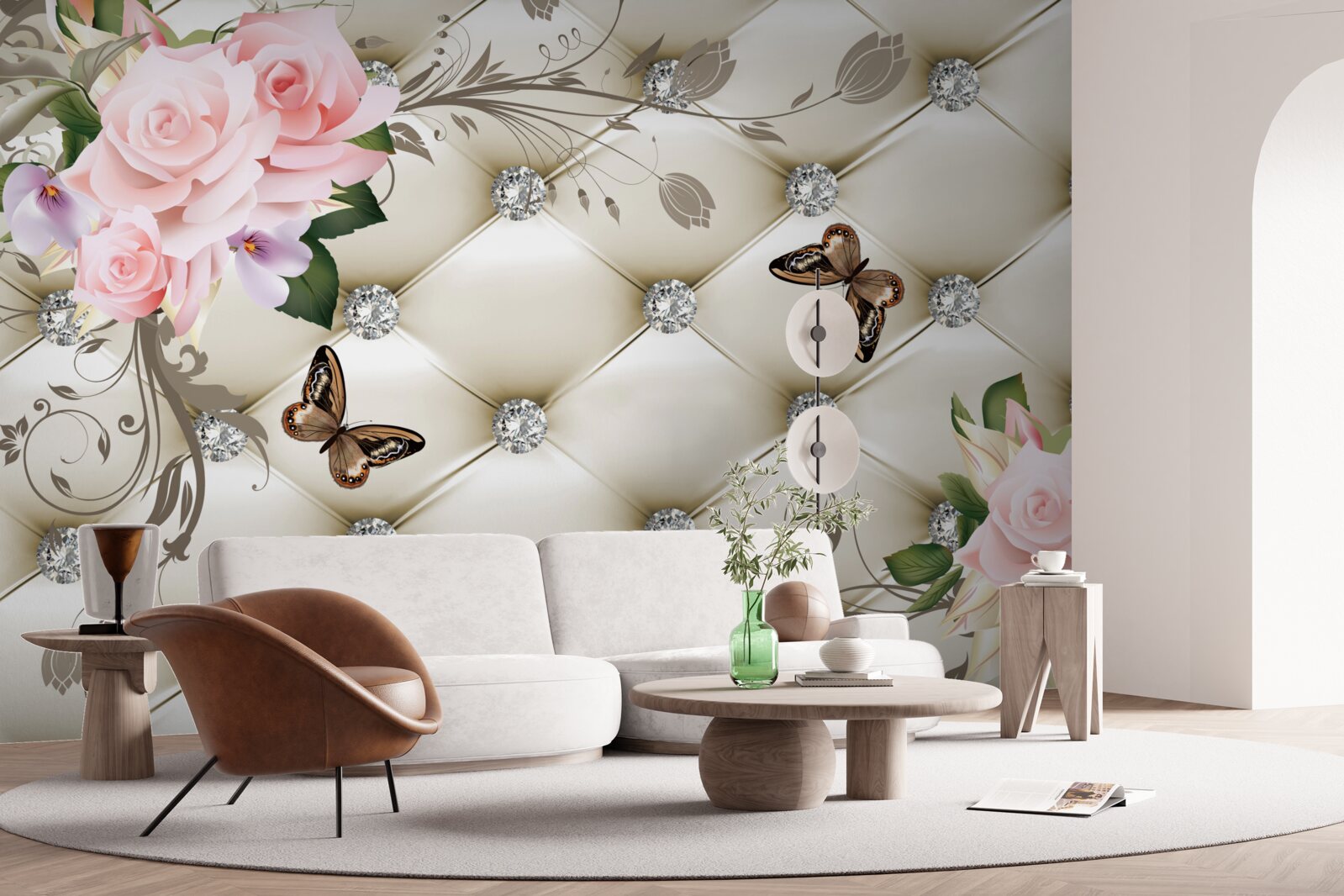 Фотошпалери тканинний декор над трояндами у відтінках рожевого з метеликами, що ширяють над ними