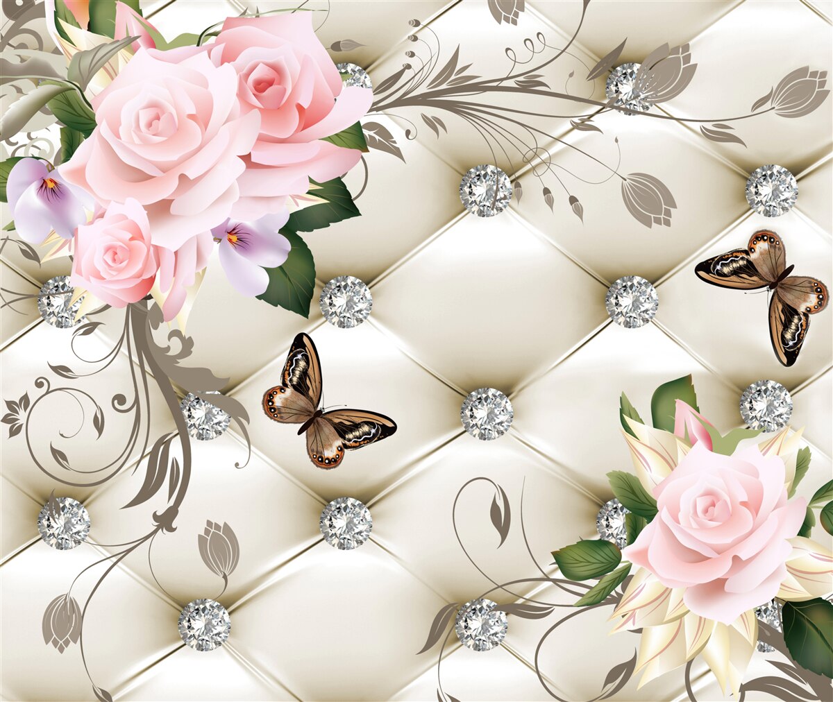 Фотошпалери квіткова текстура на білій тканині, прикрашена перлами