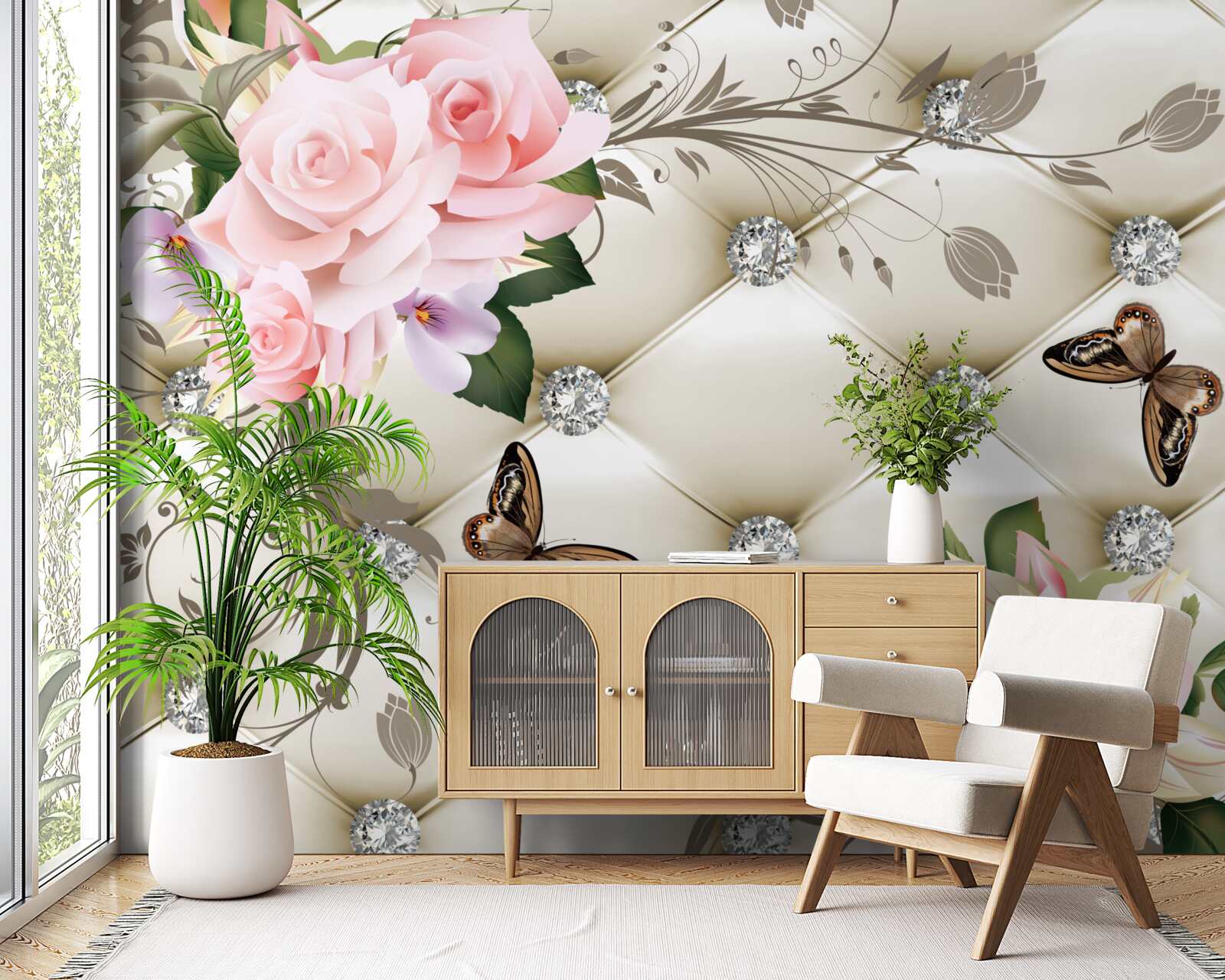 Фотошпалери квіткова текстура на білій тканині, прикрашена перлами