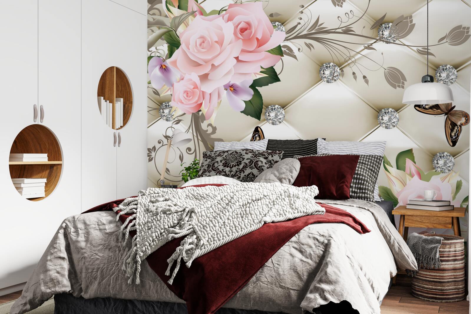 Фотошпалери квіткова текстура на білій тканині, прикрашена перлами