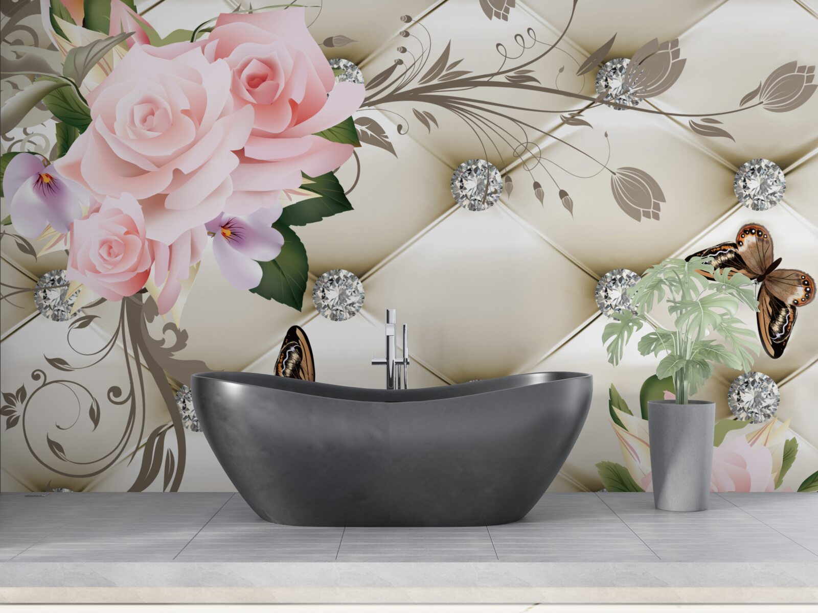 Фотошпалери квіткова текстура на білій тканині, прикрашена перлами