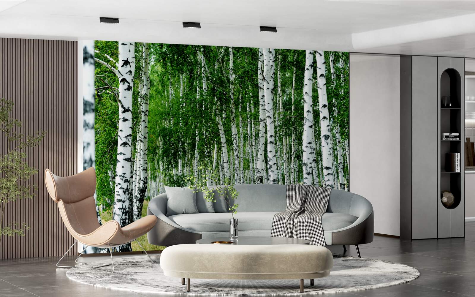 Фотошпалери зелені берези з витонченими стовбурами у відкритому полі