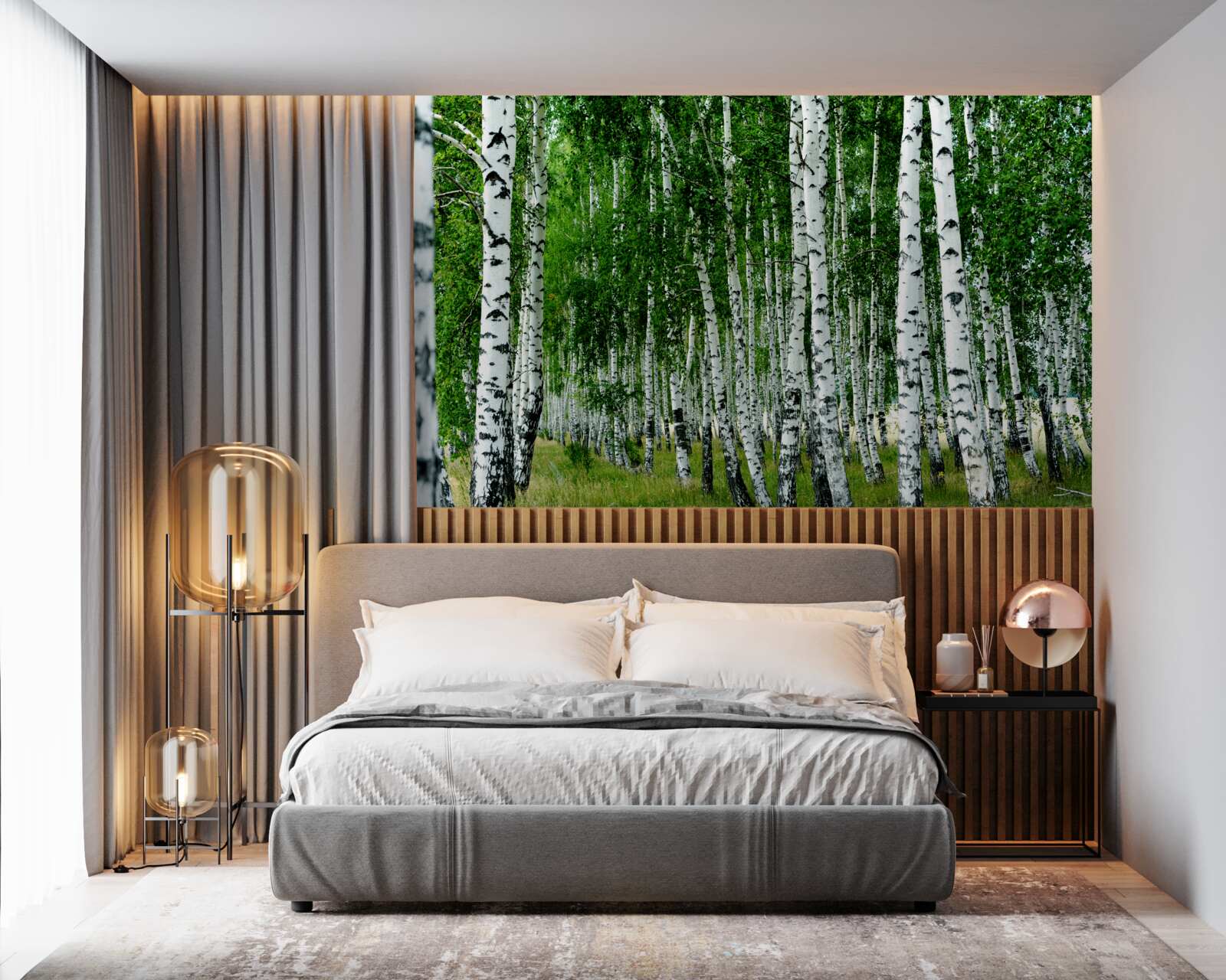 Фотошпалери зелені берези з витонченими стовбурами у відкритому полі