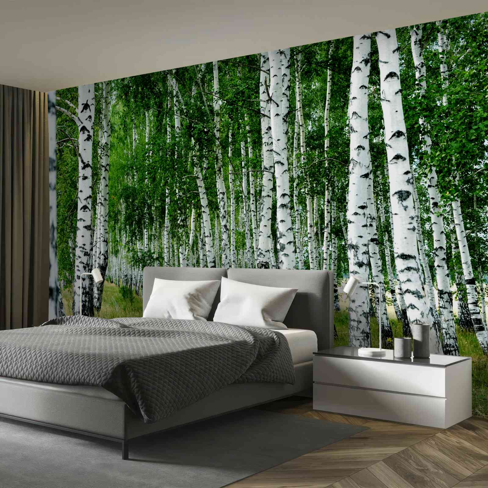 Фотошпалери зелені берези з витонченими стовбурами у відкритому полі