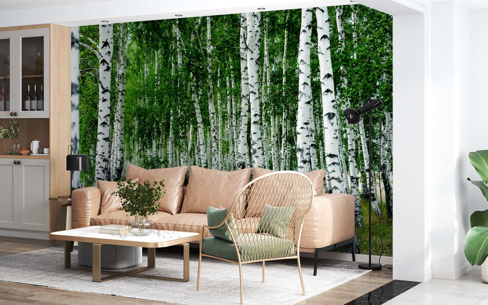 Фотошпалери зелені берези з витонченими стовбурами у відкритому полі