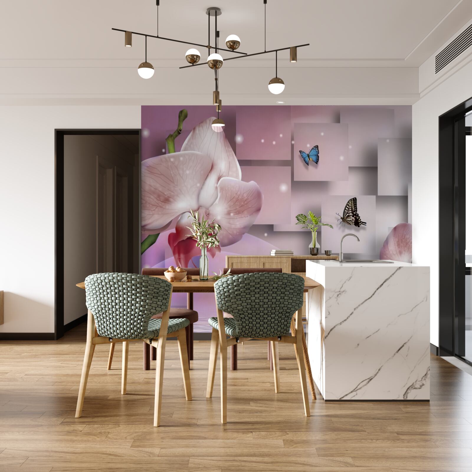 Фотошпалери яскраві метелики та орхідеї