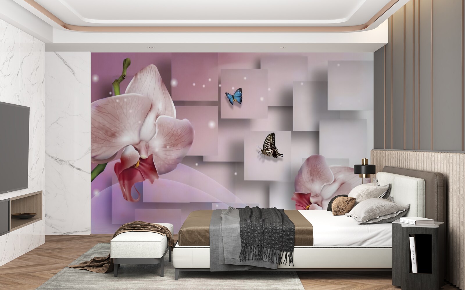 Фотошпалери яскраві метелики та орхідеї