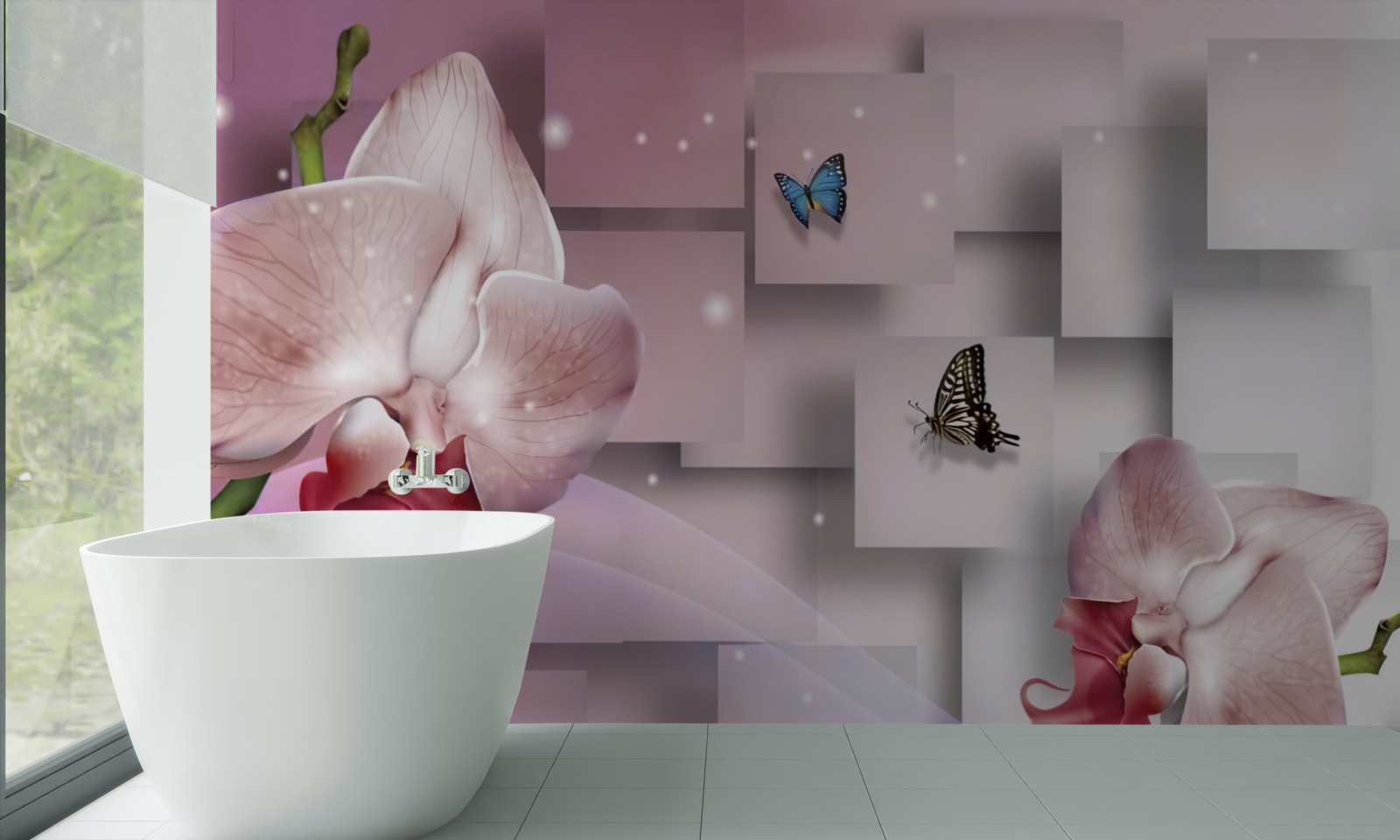 Фотошпалери яскраві метелики та орхідеї