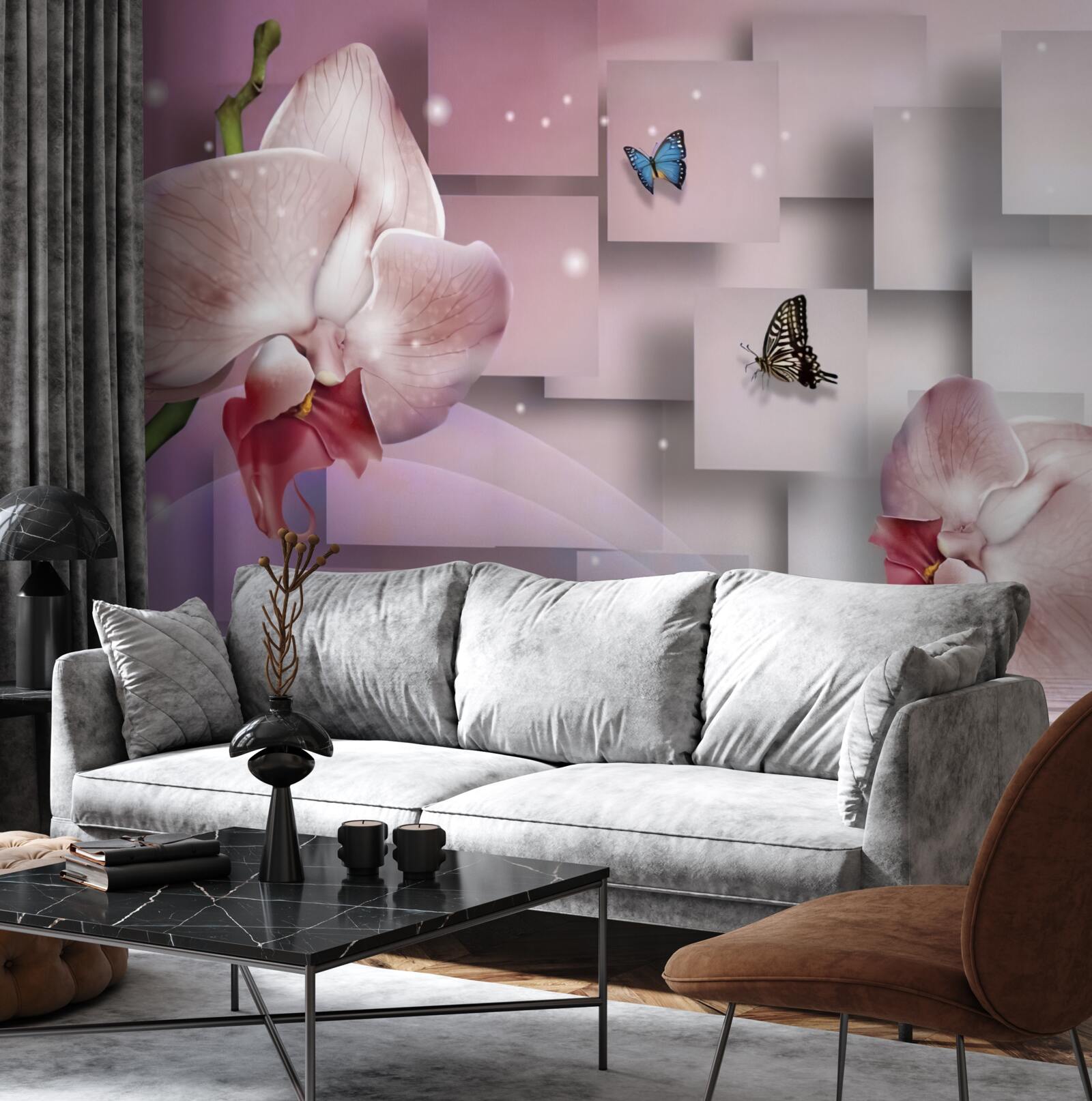 Фотошпалери яскраві метелики та орхідеї