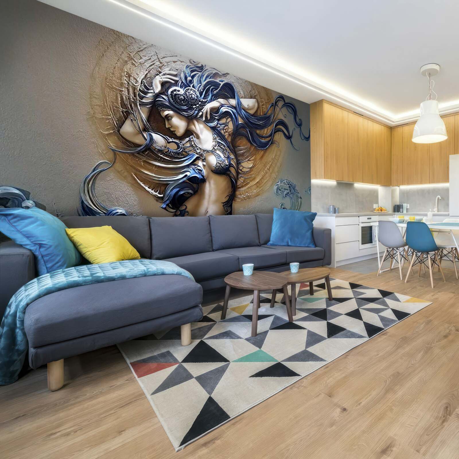 Фотошпалери зображення дівчини в яскравих кольорах на тлі сонця