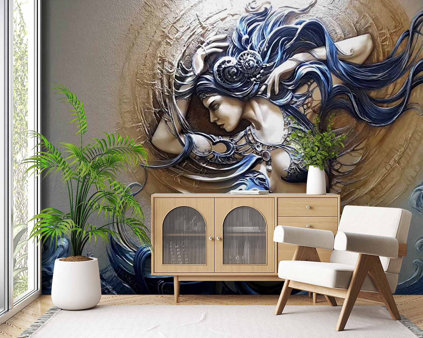 Фотошпалери зображення дівчини в яскравих кольорах на тлі сонця