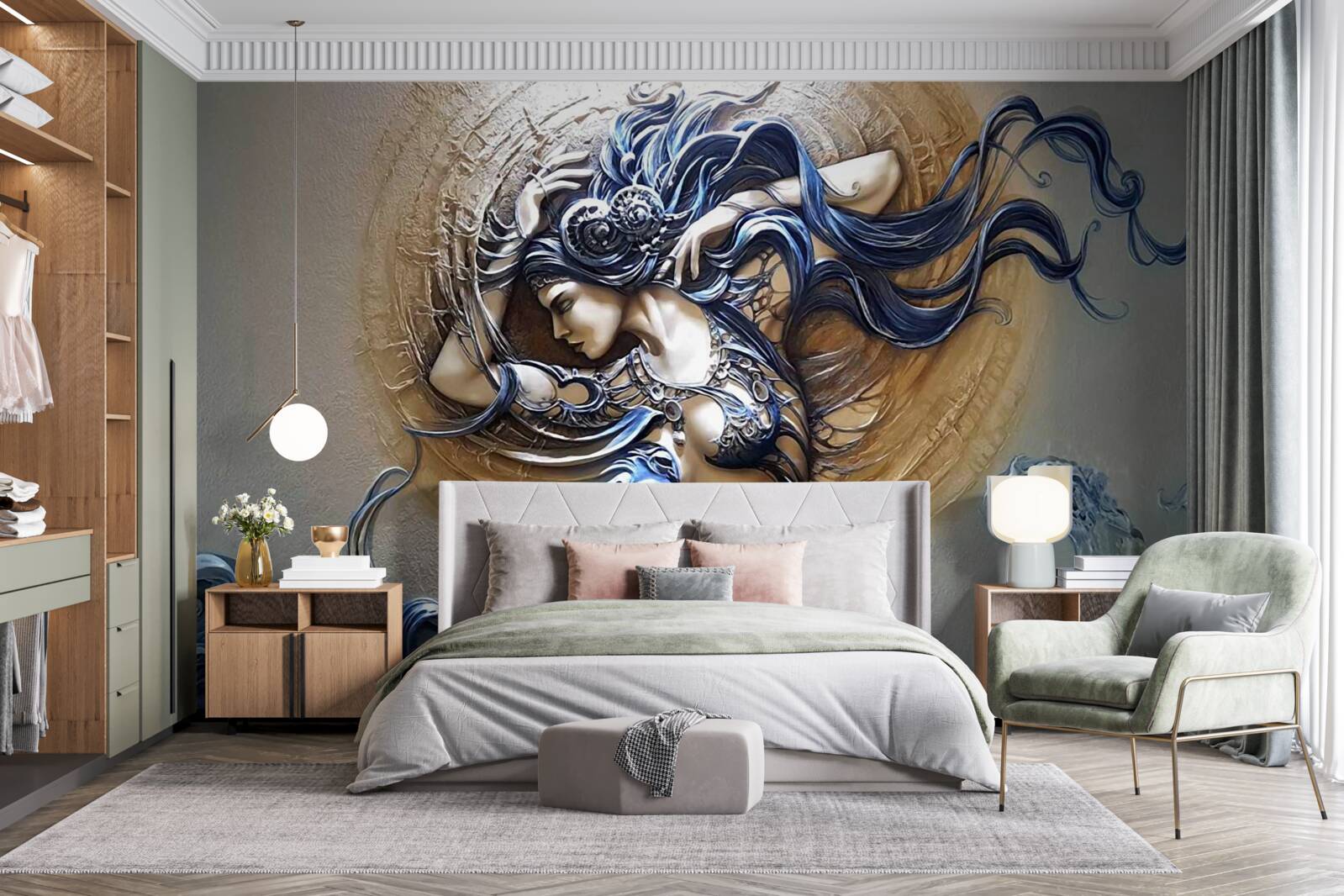 Фотошпалери зображення дівчини в яскравих кольорах на тлі сонця