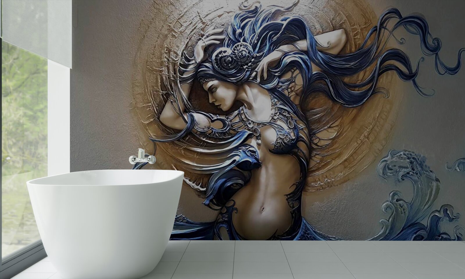 Фотошпалери зображення дівчини в яскравих кольорах на тлі сонця