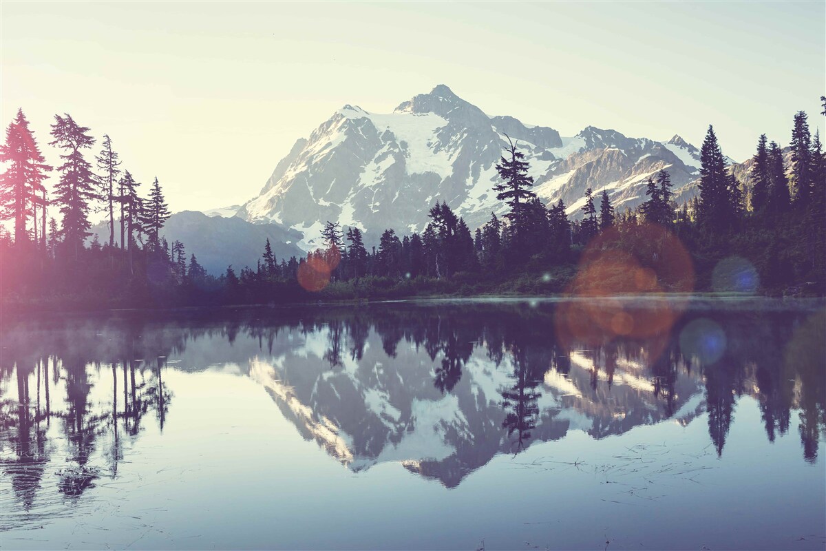 Фотошпалери захоплюючий вид на гори і ліси, що відбиваються в кришталево чистій воді