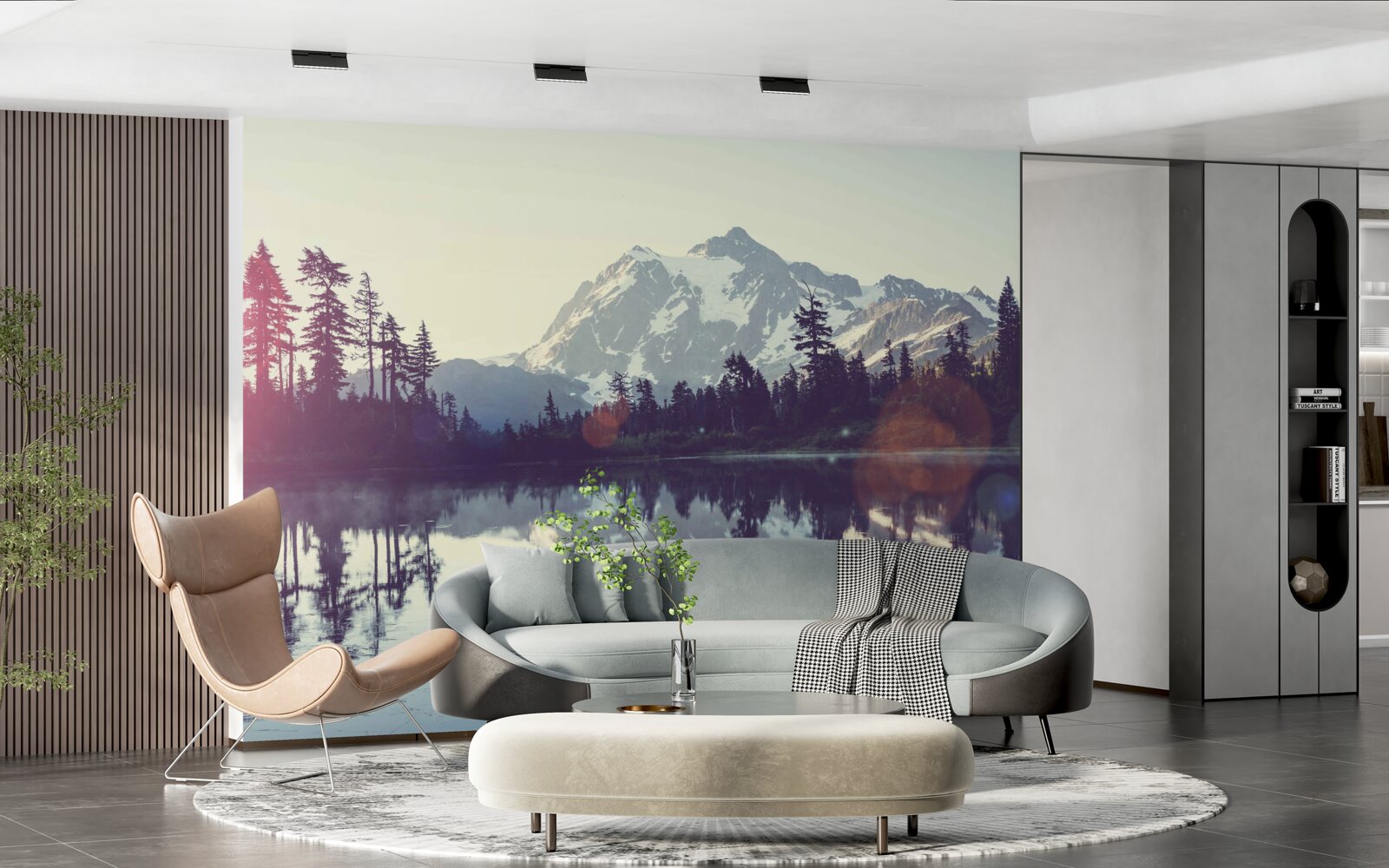 Фотошпалери захоплюючий вид на гори і ліси, що відбиваються в кришталево чистій воді