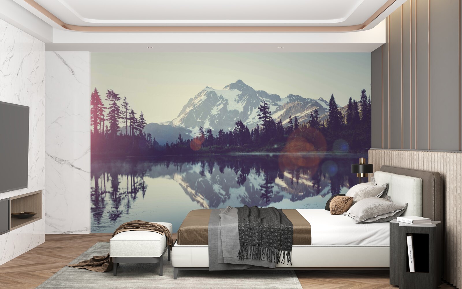 Фотошпалери захоплюючий вид на гори і ліси, що відбиваються в кришталево чистій воді