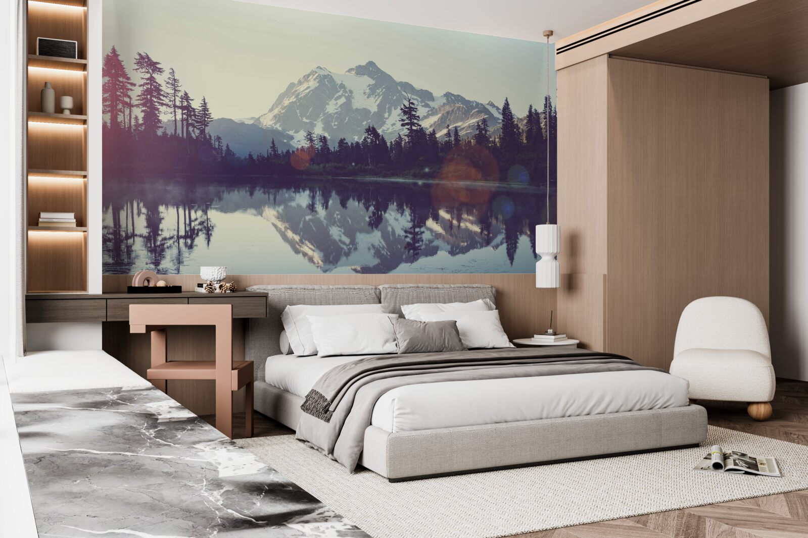 Фотошпалери захоплюючий вид на гори і ліси, що відбиваються в кришталево чистій воді