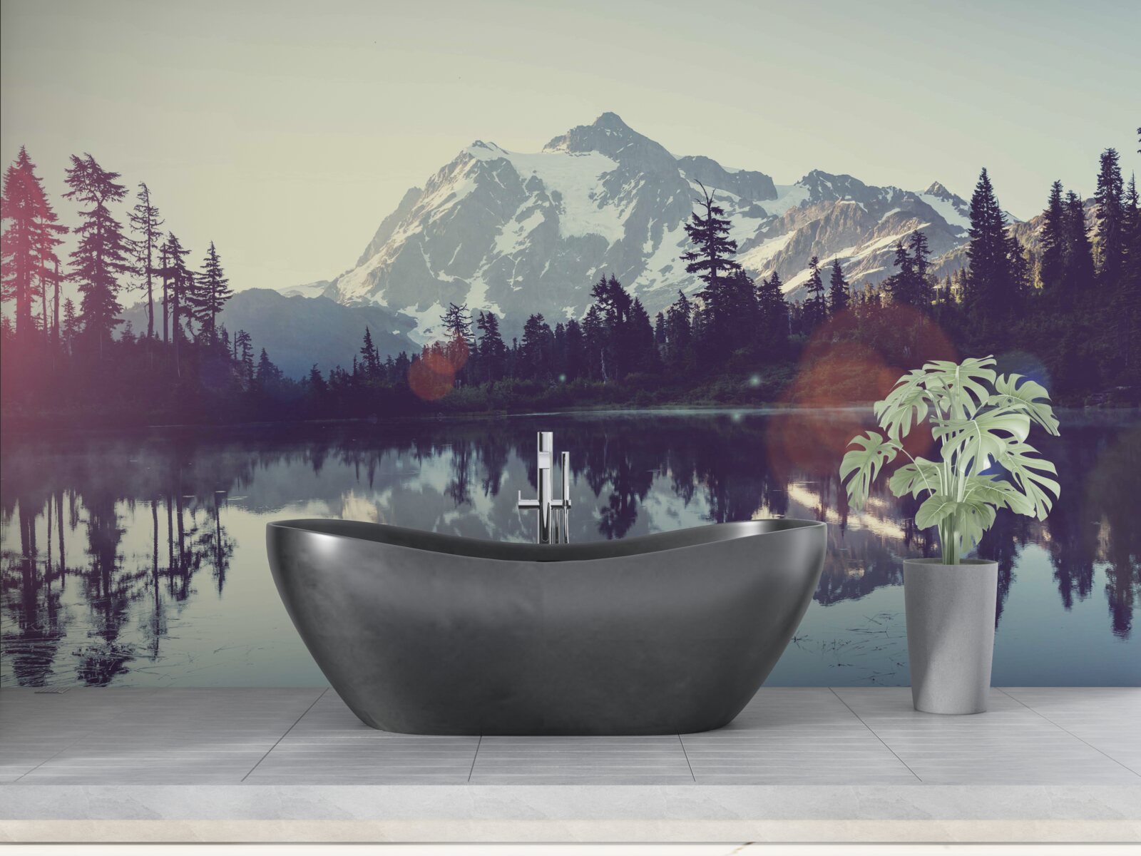 Фотошпалери захоплюючий вид на гори і ліси, що відбиваються в кришталево чистій воді