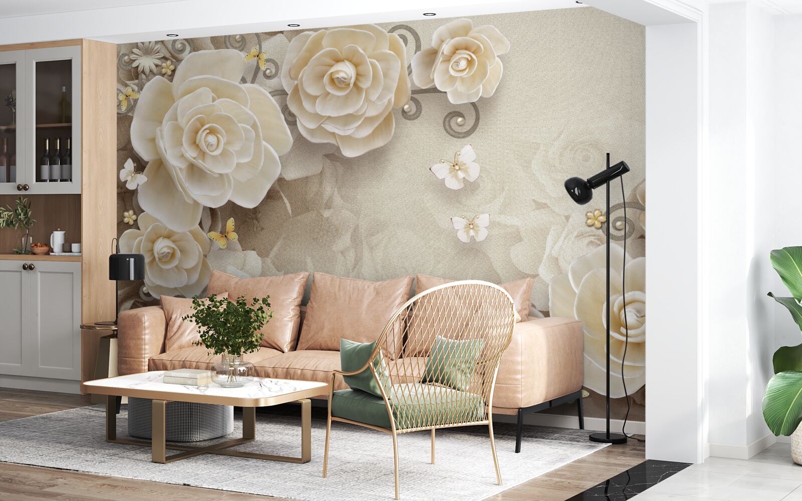 Фотошпалери квіти з перлинами на яскравій поверхні