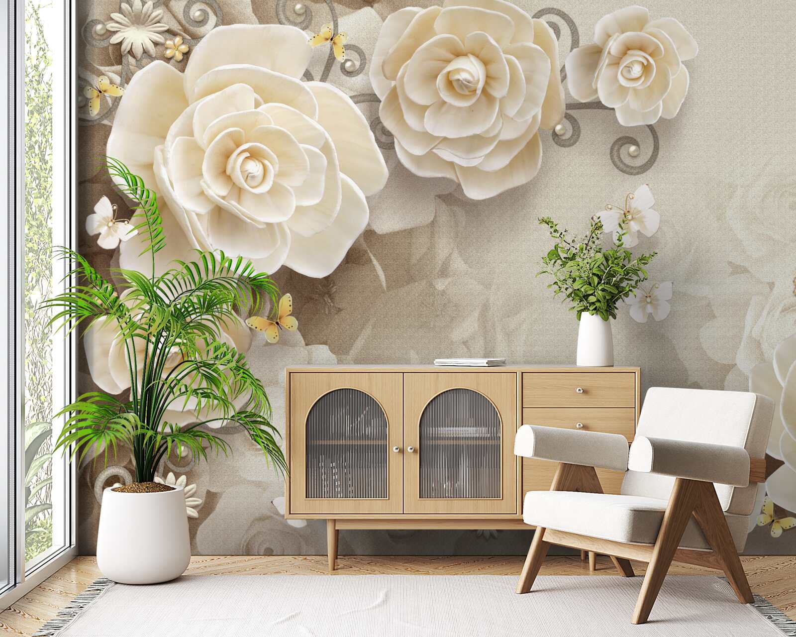 Фотошпалери квіти з перлинами на яскравій поверхні