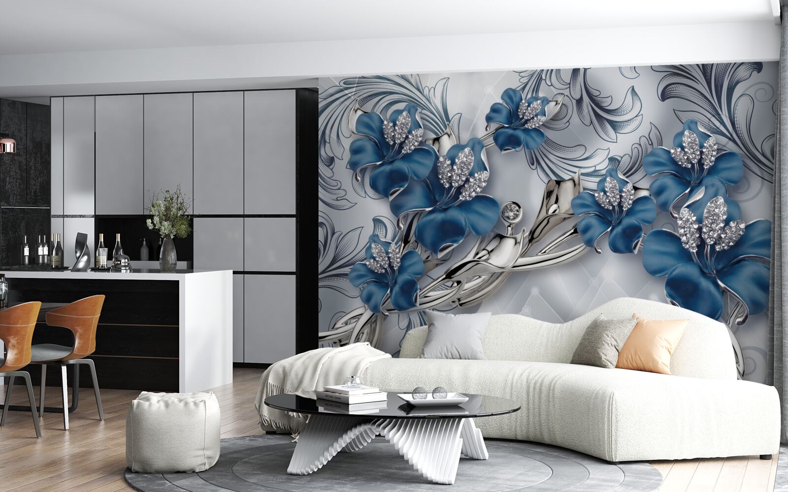 Фотошпалери сріблясто-блакитні квіти